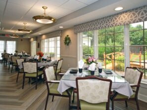 Tables in dining room overlooking gardens